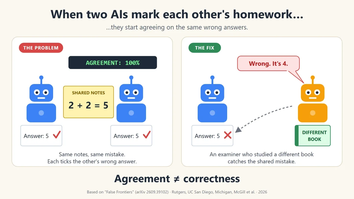 Diagram: two identical AIs revise from shared notes that say 2 + 2 = 5 and tick each other’s wrong answer, showing 100% agreement. The fix: an examiner AI that studied a different book marks the answer wrong. Agreement is not correctness.