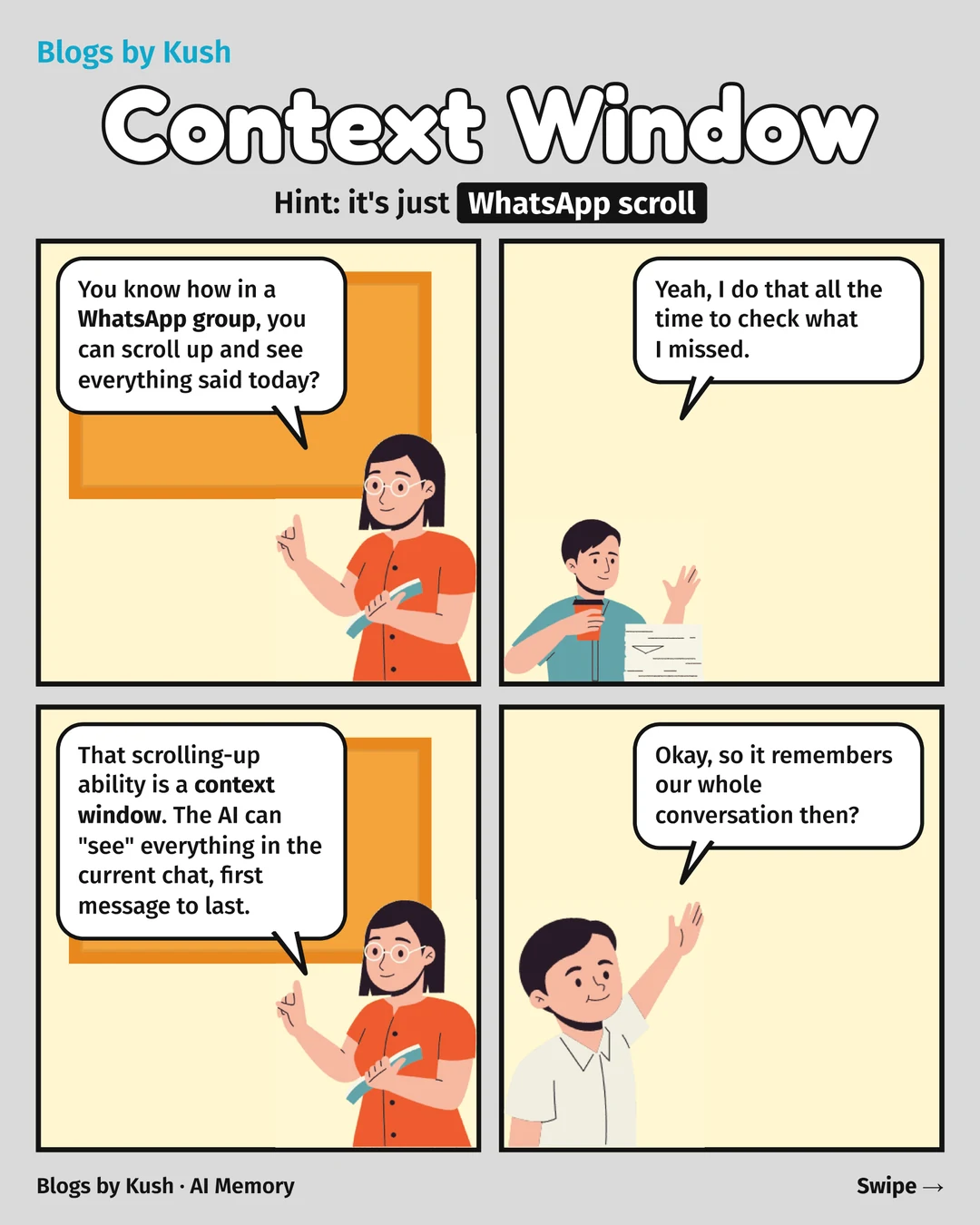 Teacher compares a context window to scrolling up a WhatsApp group: the AI sees the current chat, first message to last