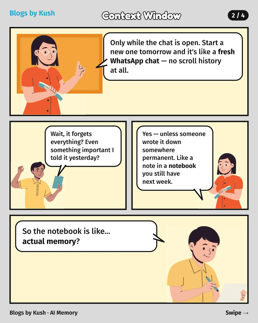 Teacher says a new chat has no scroll history; only something written in a notebook stays, which a student calls memory
