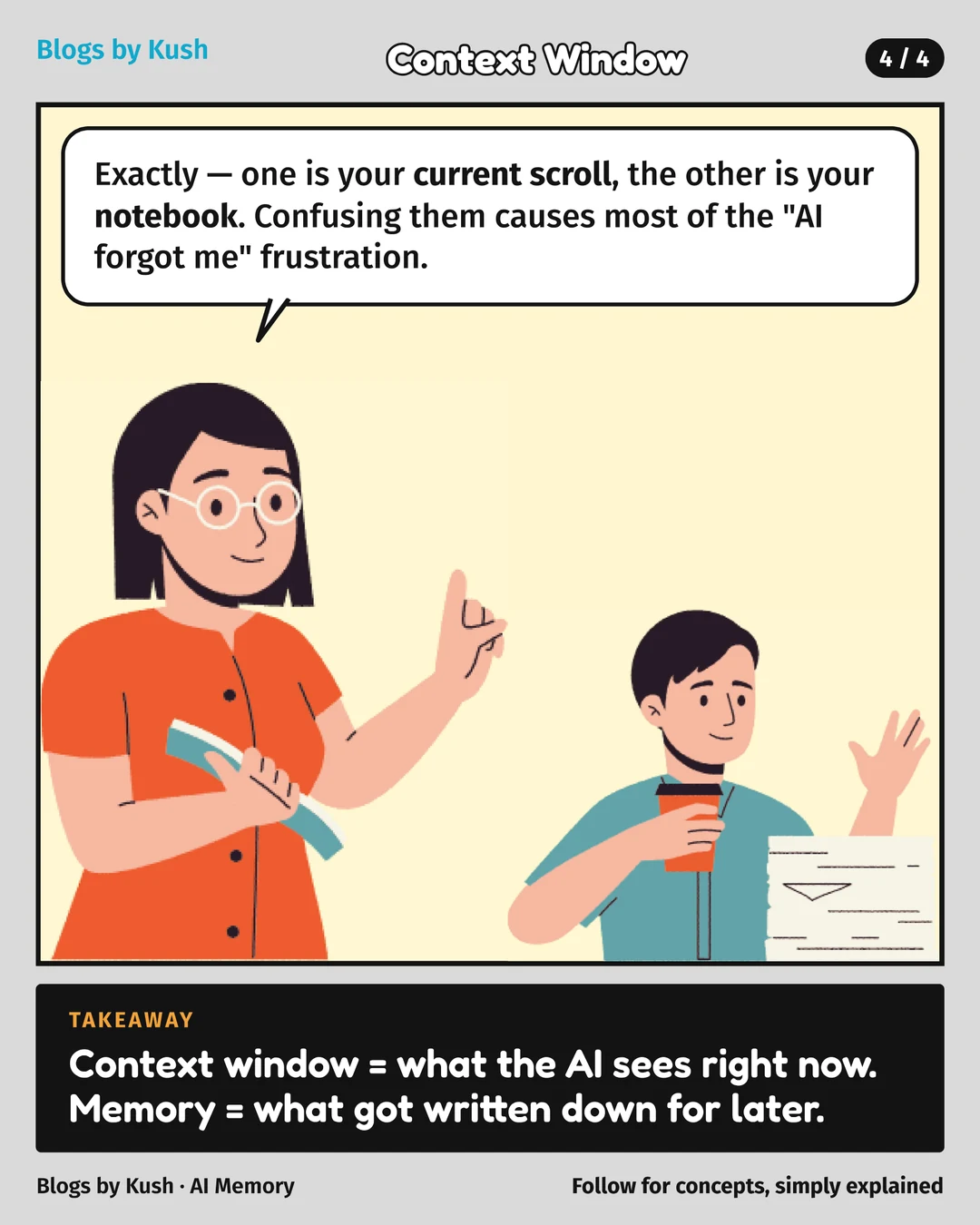 Takeaway: context window is what the AI sees right now; memory is what got written down for later