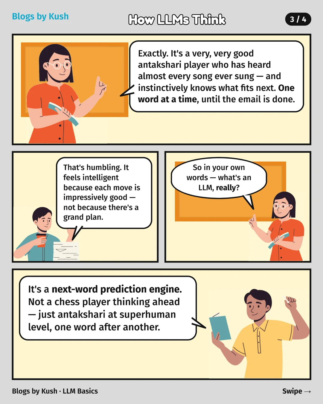 Teacher calls an LLM a superhuman Antakshari player; student sums it up as a next-word prediction engine