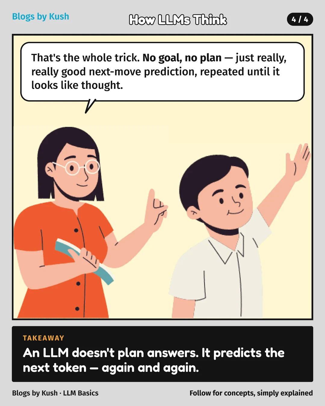 Takeaway: an LLM doesn't plan answers. It predicts the next token, again and again