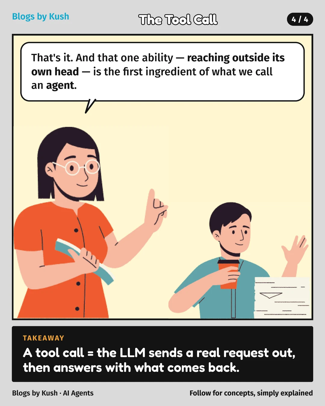 Takeaway: a tool call is the LLM sending a real request out, then answering with what comes back